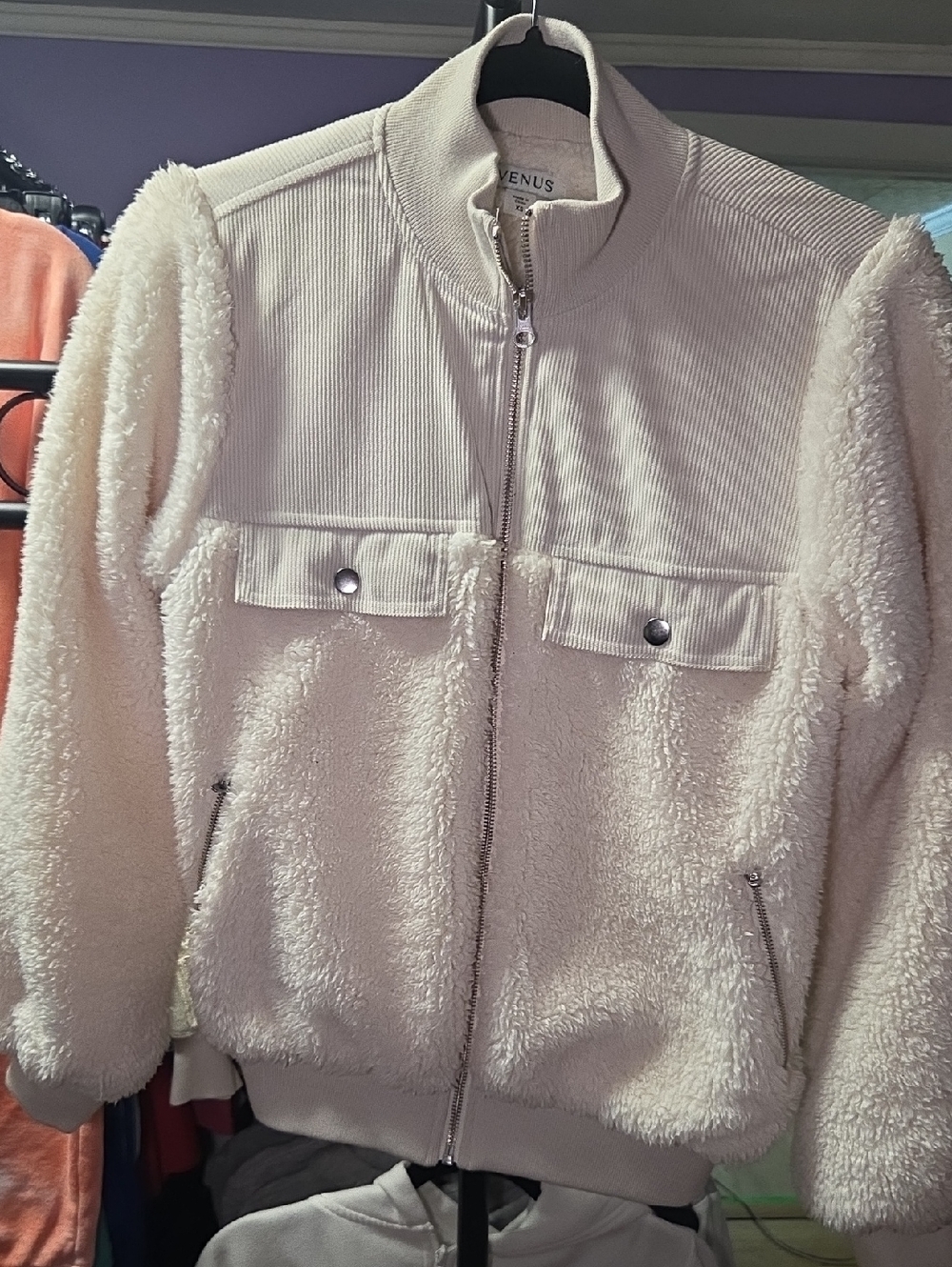 VENUS Cream Sherpa Zip Jacket with Ribbed Yoke